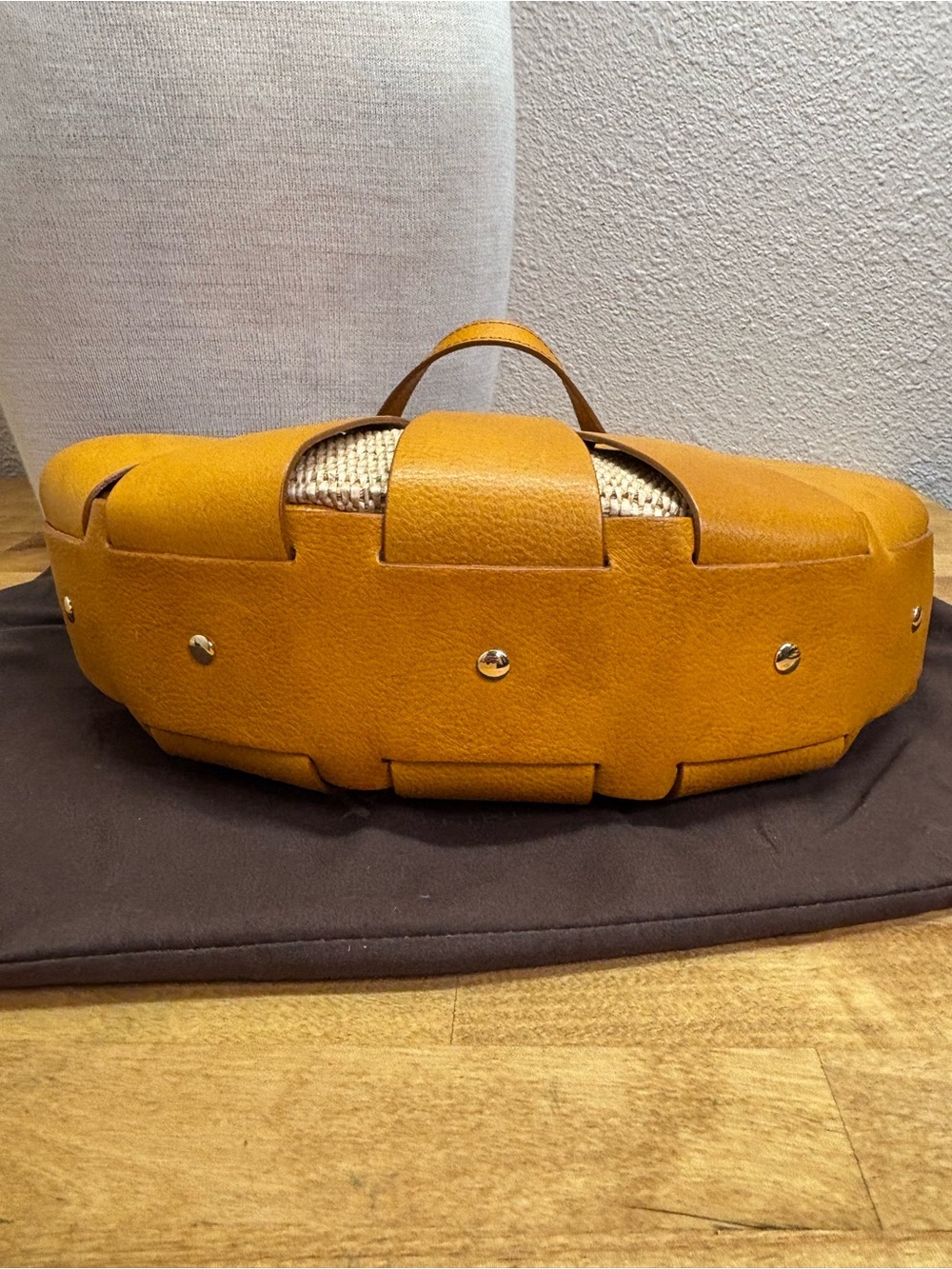 Pratesi Firenze Italian Leather Straw Fan Cage Satchel Shoulder Bag Yellow - Picture 10 of 15